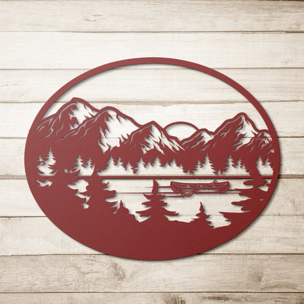 Mountain Lake With Canoe Custom Metal Sign Powder Coated Steel 5 Colors