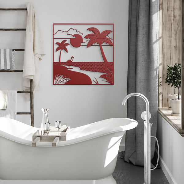 Tropical Beach With Flamingo Metal Sign Powder Coated Steel 5 Colors