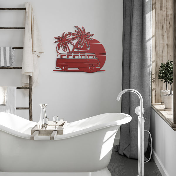 VW Van Under Palm Trees Custom Metal Sign Powder Coated Steel Sign 5 Colors