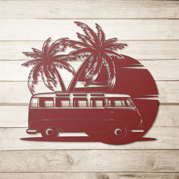 VW Van Under Palm Trees Custom Metal Sign Powder Coated Steel Sign 5 Colors