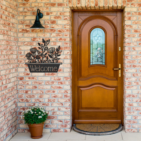 Welcome Flowers In Pot Custom Metal Sign Steel Sign Powder Coated 5 Colors