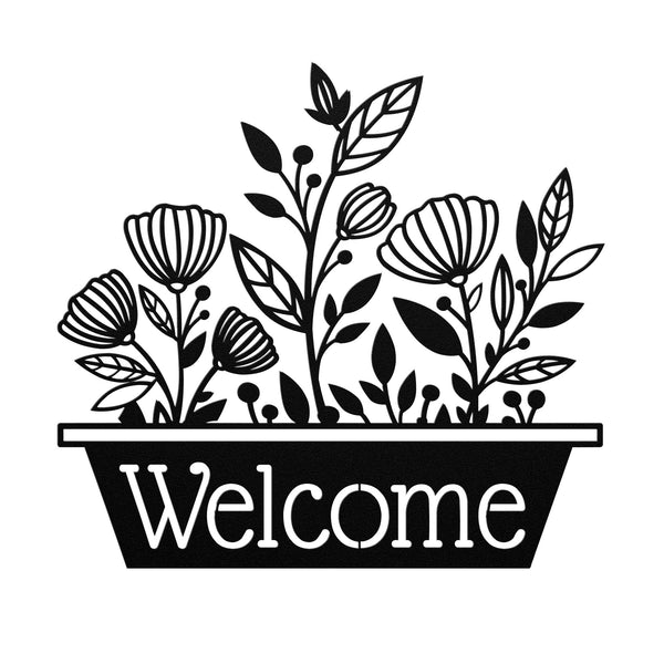 Welcome Flowers In Pot Custom Metal Sign Steel Sign Powder Coated 5 Colors