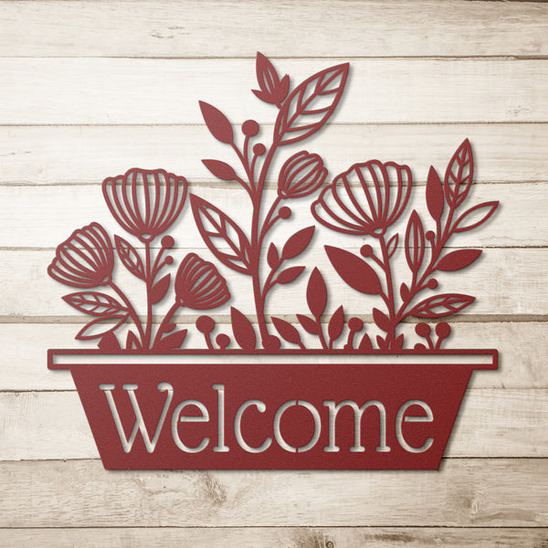 Welcome Flowers In Pot Custom Metal Sign Steel Sign Powder Coated 5 Colors