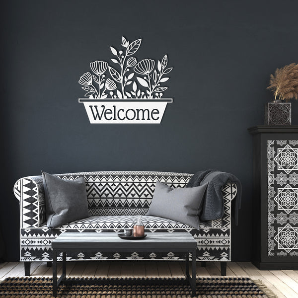 Welcome Flowers In Pot Custom Metal Sign Steel Sign Powder Coated 5 Colors