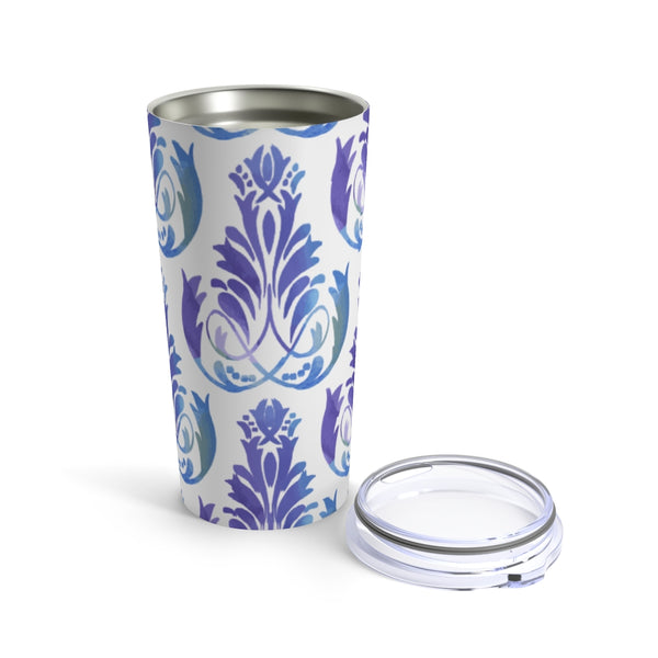 Blue Purple Rococco Ornamental Design Stainless Steel 20 oz. Vacuum Insulated Tumbler, Tight Sealed Clear Lid, Travel Sized