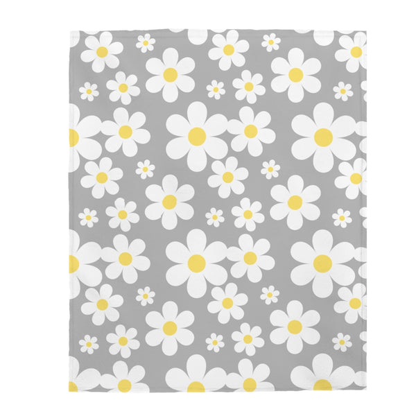 Mod Flowers On Gray Velveteen Plush Blanket Custom Blanket, Plush Throw Blanket for Home, Office, Dorm, Super Soft 3 Sizes,