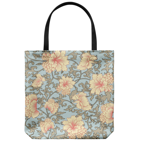 'Trish' Pink Camellia Floral Custom Designed Tote Bag 18 x 18 - Pinks, Blues, Tans - Mind Body Spirit