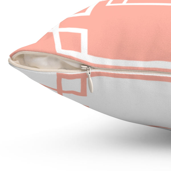 Geometric Chinoiserie Pattern Reversible Pink Blush and White Print Original Design Spun Polyester Square Pillow 4 Sizes