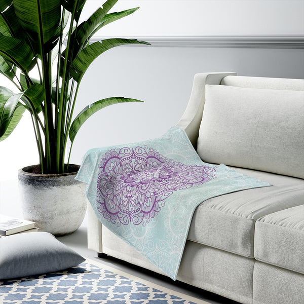 Purple Mandala On Blue Velveteen Plush Blanket Custom Blanket, Plush Throw Blanket for Home, Office, Dorm, Super Soft 3 Sizes,