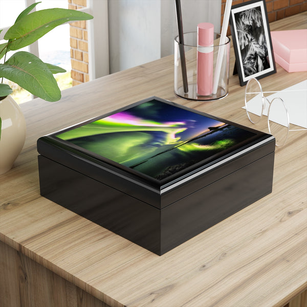 Northern Lights Over Water Custom Designed Wooden Jewelry Box, Keepsake Box, Treasure Box, Wedding Gift Box,