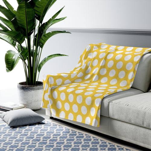 White Polka Dots On Yellow Velveteen Plush Blanket Custom Blanket, Plush Throw Blanket for Home, Office, Dorm, Super Soft 3 Sizes,