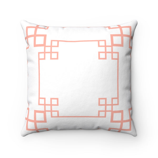 Geometric Chinoiserie Pattern Reversible Pink Blush and White Print Original Design Spun Polyester Square Pillow 4 Sizes