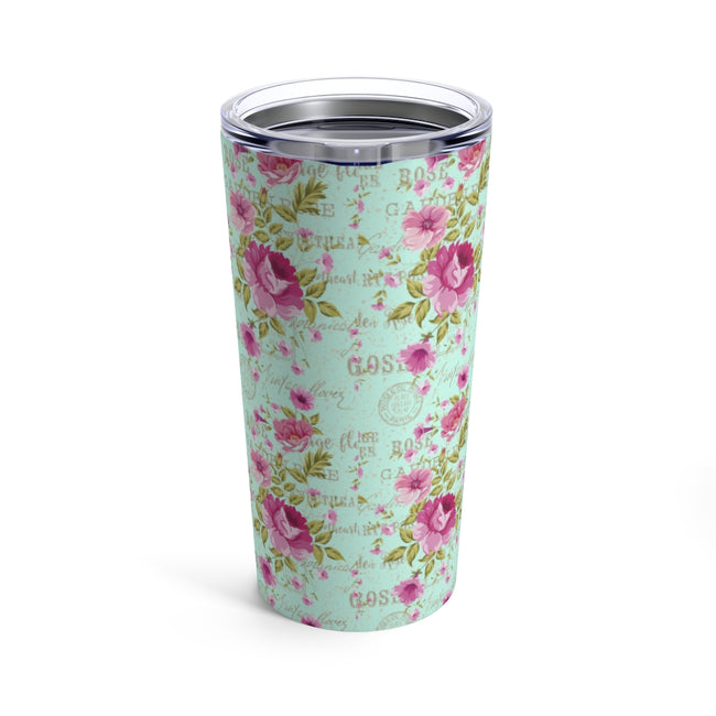 Vintage Pink Roses on Turquoise Stainless Steel 20 oz. Vacuum Insulated Tumbler, Tight Sealed Clear Lid, Travel Sized
