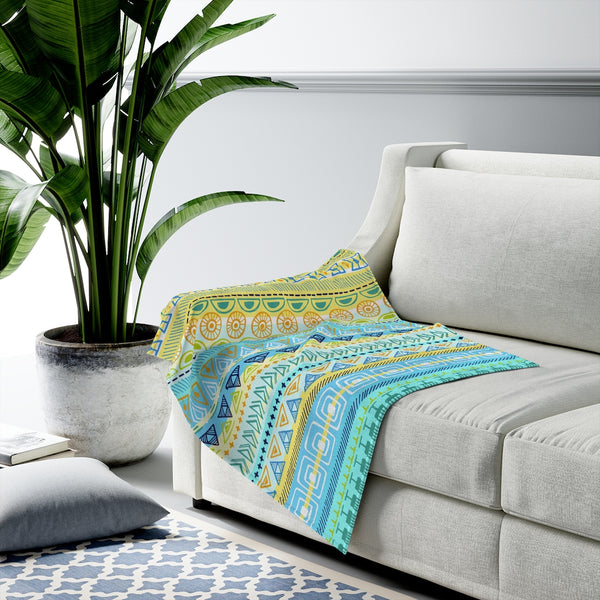 Boho Tribal Turquoise Yellow Velveteen Plush Blanket Custom Blanket, Plush Throw Blanket for Home, Office, Dorm, Super Soft 3 Sizes,