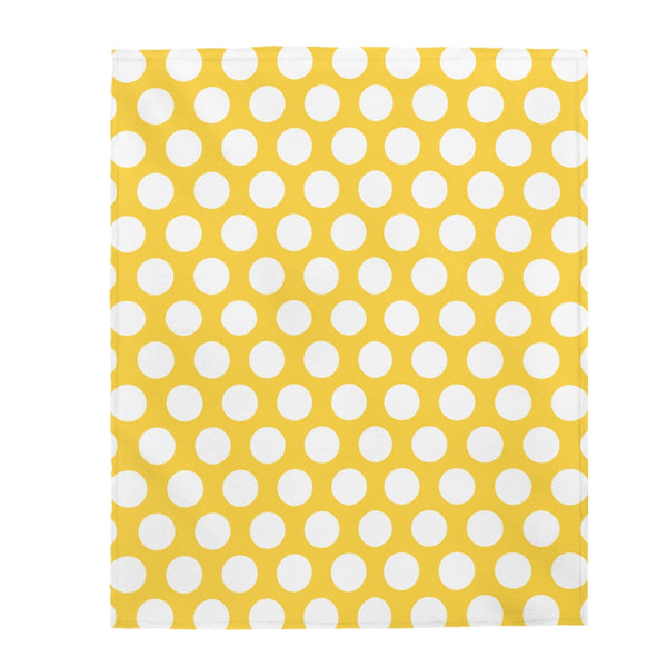 White Polka Dots On Yellow Velveteen Plush Blanket Custom Blanket, Plush Throw Blanket for Home, Office, Dorm, Super Soft 3 Sizes,