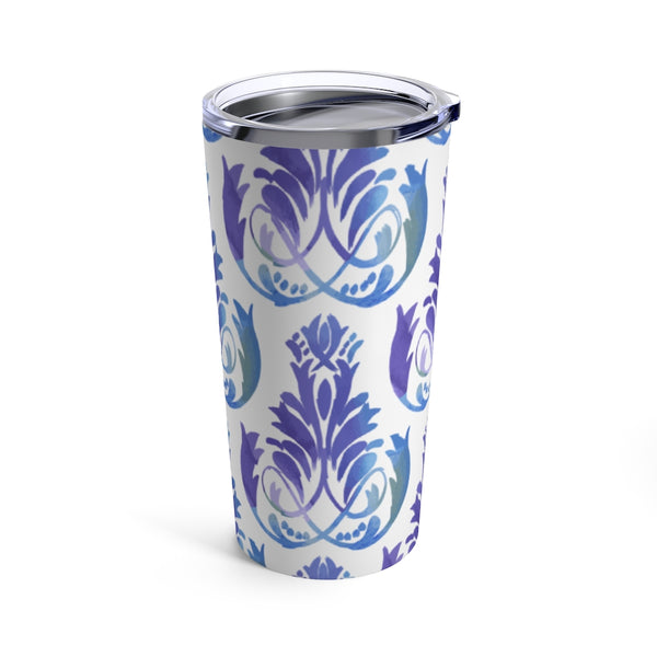 Blue Purple Rococco Ornamental Design Stainless Steel 20 oz. Vacuum Insulated Tumbler, Tight Sealed Clear Lid, Travel Sized