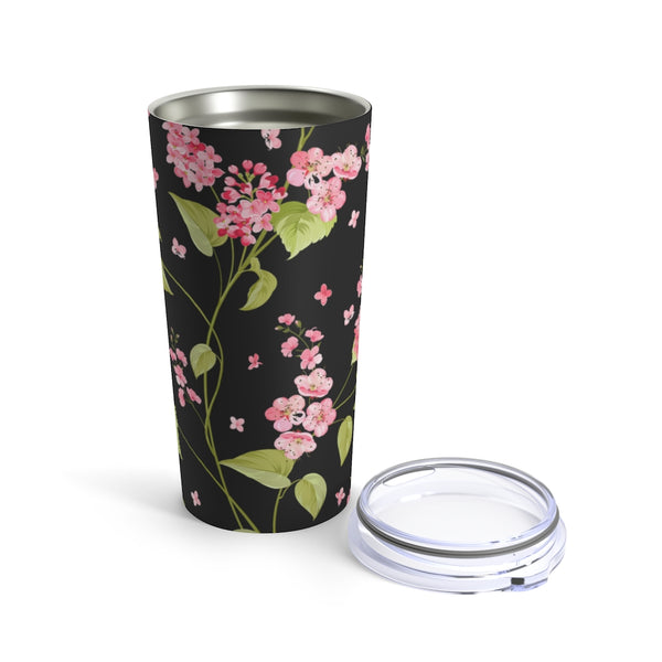 Cherry Blossoms On Black Stainless Steel 20 oz. Vacuum Insulated Tumbler, Tight Sealed Clear Lid, Travel Sized