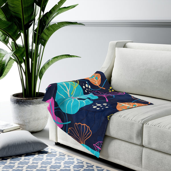 Fresh Tropical on Navy Velveteen Plush Blanket Custom Blanket, Plush Throw Blanket for Home, Office, Dorm, Super Soft 3 Sizes