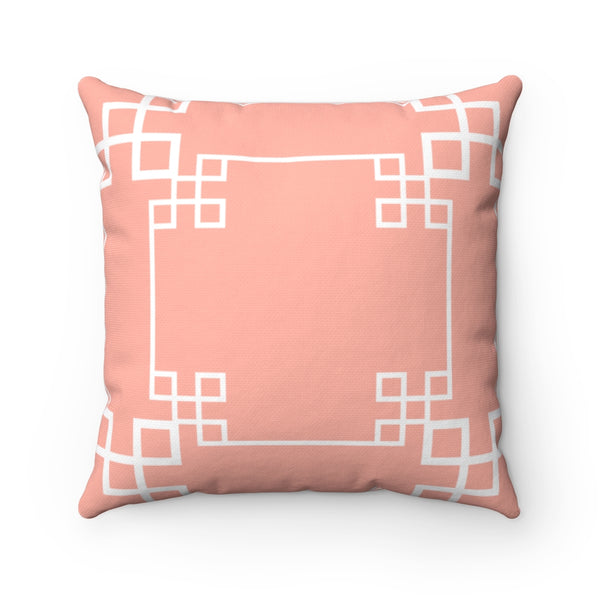 Geometric Chinoiserie Pattern Reversible Pink Blush and White Print Original Design Spun Polyester Square Pillow 4 Sizes