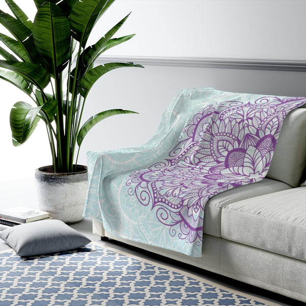 Purple Mandala On Blue Velveteen Plush Blanket Custom Blanket, Plush Throw Blanket for Home, Office, Dorm, Super Soft 3 Sizes,