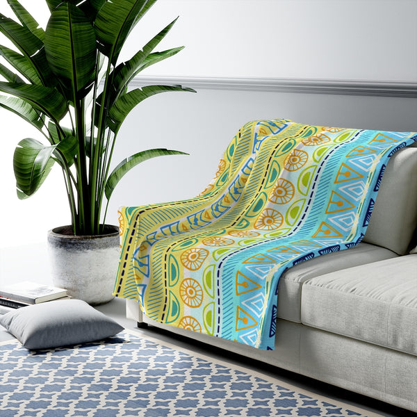 Boho Tribal Turquoise Yellow Velveteen Plush Blanket Custom Blanket, Plush Throw Blanket for Home, Office, Dorm, Super Soft 3 Sizes,