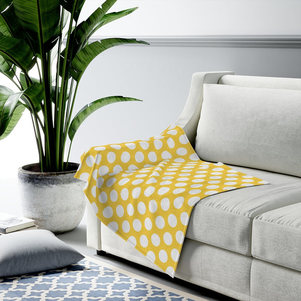 White Polka Dots On Yellow Velveteen Plush Blanket Custom Blanket, Plush Throw Blanket for Home, Office, Dorm, Super Soft 3 Sizes,