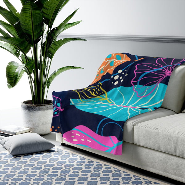 Fresh Tropical on Navy Velveteen Plush Blanket Custom Blanket, Plush Throw Blanket for Home, Office, Dorm, Super Soft 3 Sizes