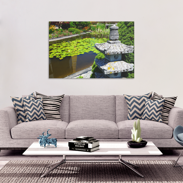 Temple Garden Pagoda Canvas Wall Art - Peaceful Garden With Floating Lily Pads in 4 Sizes - Mind Body Spirit