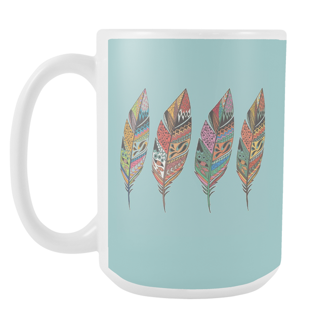 Big Four Feathers 15 oz Mug Blue Background - Mind Body Spirit