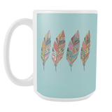 Big Four Feathers 15 oz Mug Blue Background - Mind Body Spirit