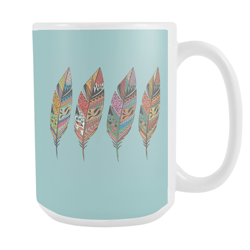 Big Four Feathers 15 oz Mug Blue Background - Mind Body Spirit