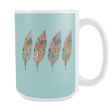 Big Four Feathers 15 oz Mug Blue Background - Mind Body Spirit