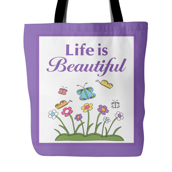 Life Is Beautiful Tote Bag 18 x 18 - White, Purple, Yellow, Teal - Mind Body Spirit
