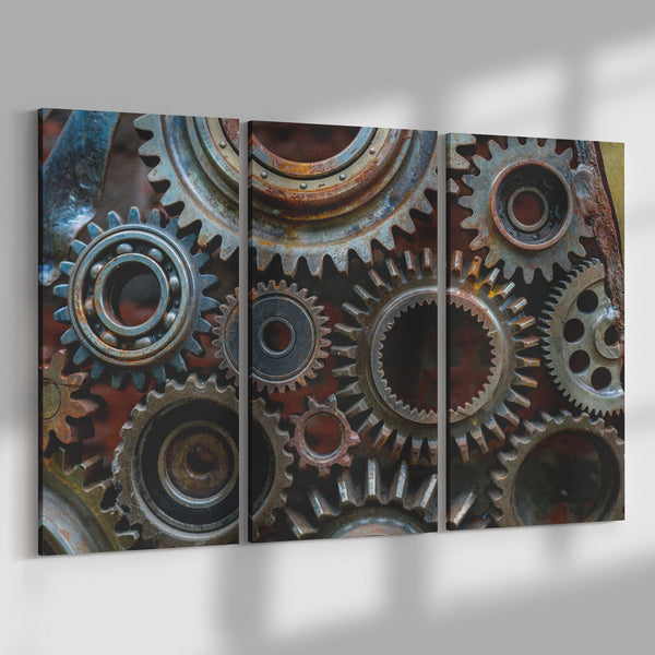 Rusty Looking Gears Triptych 3 Panel Canvas Wall Art, 3 Sizes, Industrial, Contemporary, Steampunk, Living Room, Bedroom, Den, Family Room,