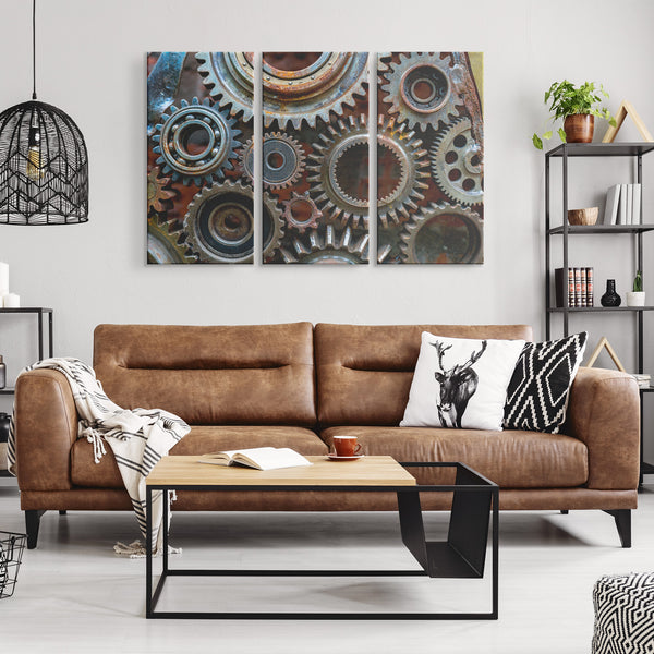 Rusty Looking Gears Triptych 3 Panel Canvas Wall Art, 3 Sizes, Industrial, Contemporary, Steampunk, Living Room, Bedroom, Den, Family Room,