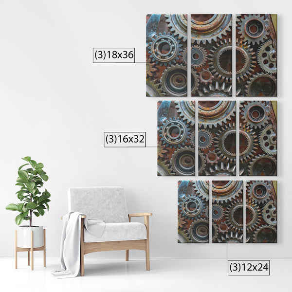 Rusty Looking Gears Triptych 3 Panel Canvas Wall Art, 3 Sizes, Industrial, Contemporary, Steampunk, Living Room, Bedroom, Den, Family Room,