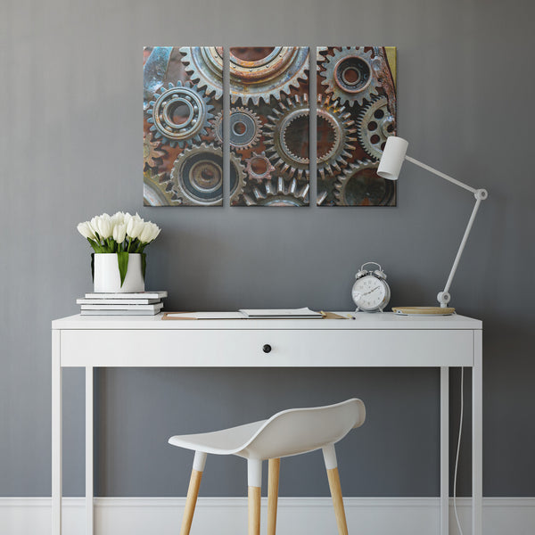 Rusty Looking Gears Triptych 3 Panel Canvas Wall Art, 3 Sizes, Industrial, Contemporary, Steampunk, Living Room, Bedroom, Den, Family Room,