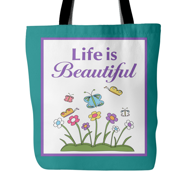 Life Is Beautiful Tote Bag 18 x 18 - White, Purple, Yellow, Teal - Mind Body Spirit