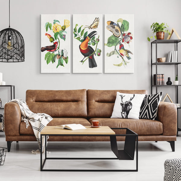 Vintage French Bird and Flower Paintings 3 Piece Canvas Panels, 3 Sizes