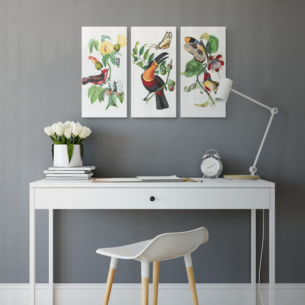 Vintage French Bird and Flower Paintings 3 Piece Canvas Panels, 3 Sizes