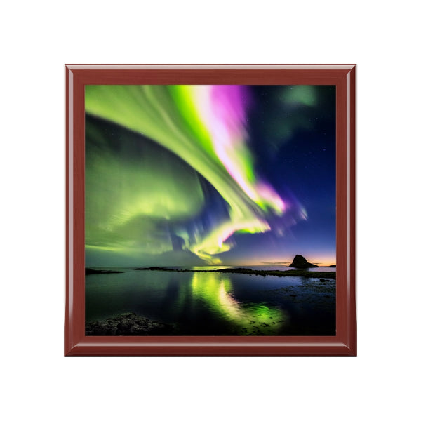 Northern Lights Over Water Custom Designed Wooden Jewelry Box, Keepsake Box, Treasure Box, Wedding Gift Box,