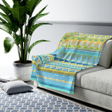 Boho Tribal Turquoise Yellow Velveteen Plush Blanket Custom Blanket, Plush Throw Blanket for Home, Office, Dorm, Super Soft 3 Sizes,