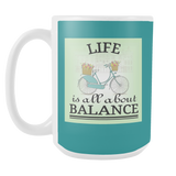 Life About Balance 15 oz Mug - Vintage Bicycle with Dark Teal - Mind Body Spirit