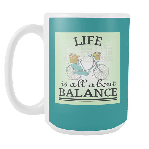 Life About Balance 15 oz Mug - Vintage Bicycle with Dark Teal - Mind Body Spirit