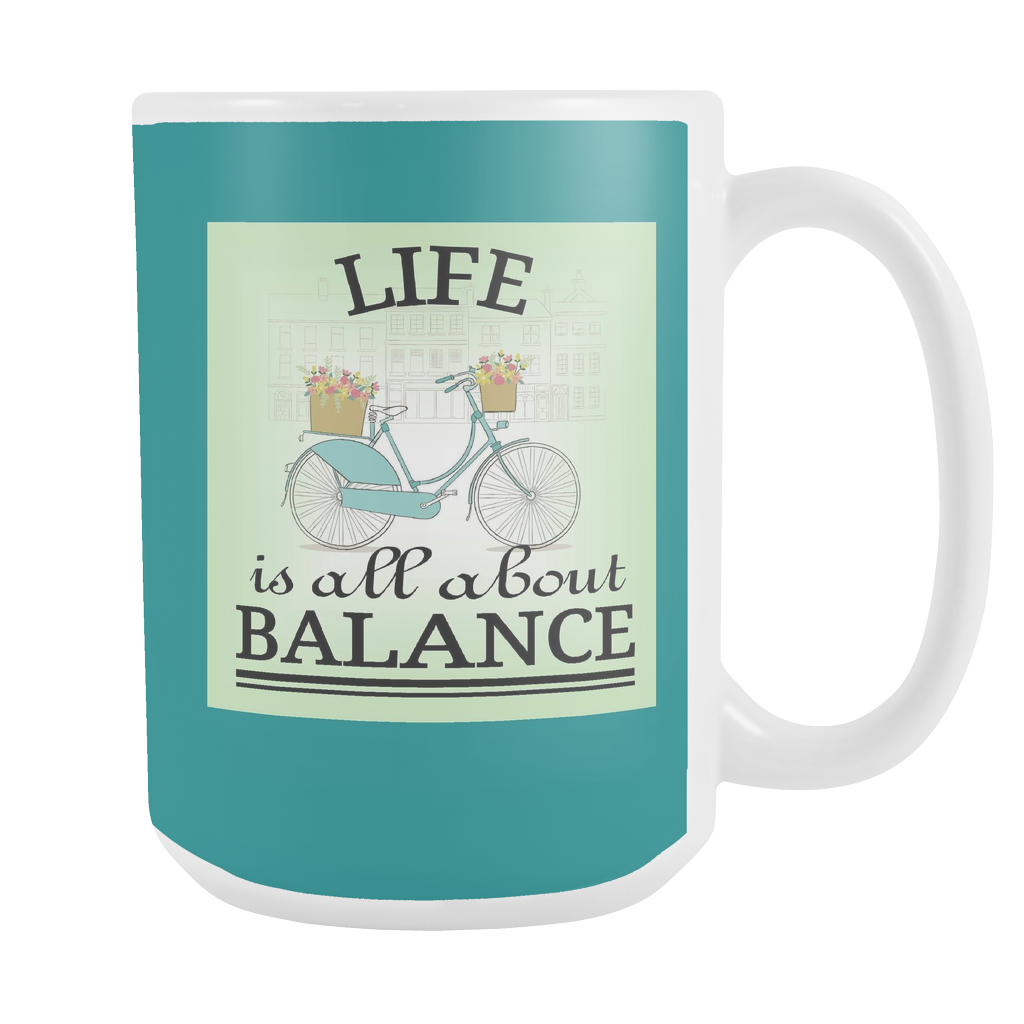 Life About Balance 15 oz Mug - Vintage Bicycle with Dark Teal