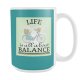 Life About Balance 15 oz Mug - Vintage Bicycle with Dark Teal - Mind Body Spirit