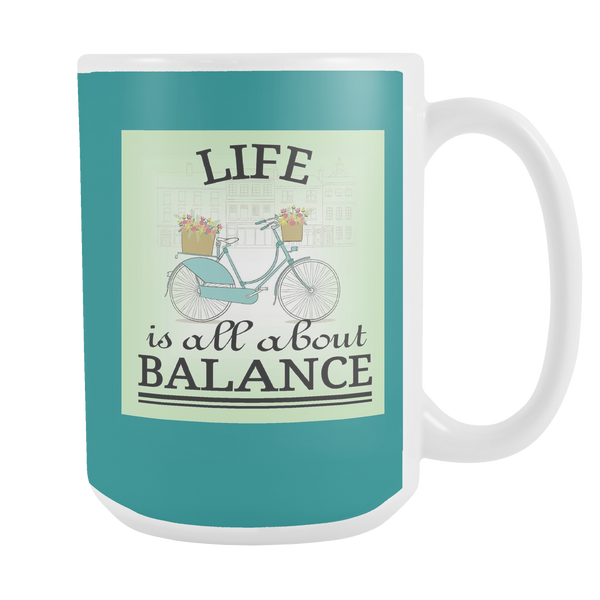 Life About Balance 15 oz Mug - Vintage Bicycle with Dark Teal - Mind Body Spirit