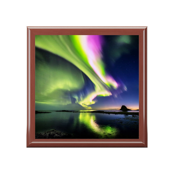 Northern Lights Over Water Custom Designed Wooden Jewelry Box, Keepsake Box, Treasure Box, Wedding Gift Box,