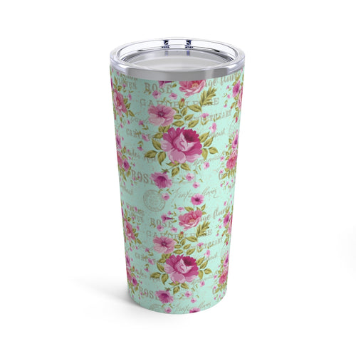 Vintage Pink Roses on Turquoise Stainless Steel 20 oz. Vacuum Insulated Tumbler, Tight Sealed Clear Lid, Travel Sized