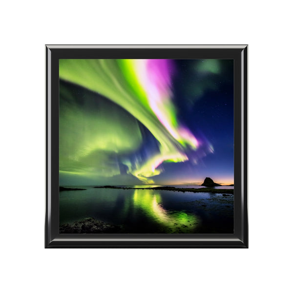 Northern Lights Over Water Custom Designed Wooden Jewelry Box, Keepsake Box, Treasure Box, Wedding Gift Box,